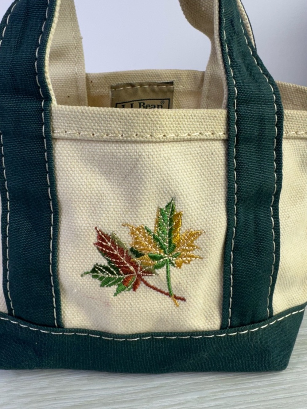 Vintage L.L.Bean Micro Mini Boat and Tote Bag Green White autumn leaf - Picture 2 of 8